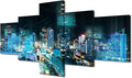 Canvas Wall Art Bangkok Night Cityscape Picture Printing Digital Transformation Poster 5 Panel Smart City Decorate Big Data Researchers Home Decoration Frame and Stretched Ready to Hang 50x24 Inch