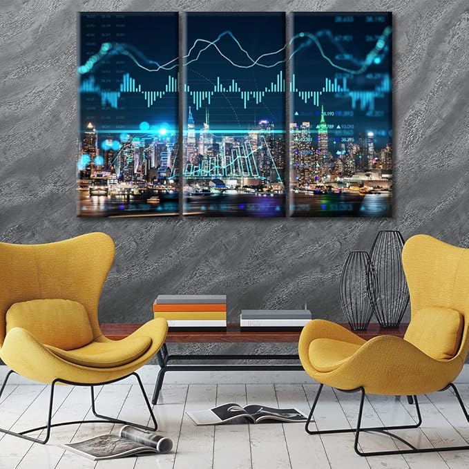 TUMOVO 3 Panels Office Decor Night Manhattan Midtown USA Pictures Wall Art for Living Room Concept of Internet Trading Brokerage and Analysis Posters and Prints Framed Ready to Hang (42" Wx28 H)