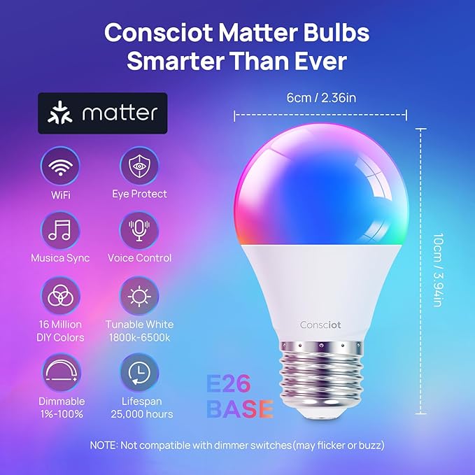 Consciot Smart Light Bulbs, WiFi Color Changing LED Light Bulb, A19 E26 RGBTW Light Bulbs That Works with Alexa/Google Home/Apple Home/Siri, Music Sync, 60W Equivalent Bluetooth Light Bulb, 1 Pack