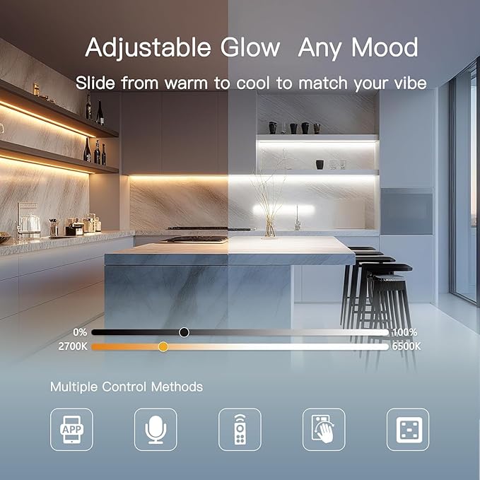 V4light Under Cabinet LED Lighting, 6 Pack Ultra Slim Aluminum Light Bars, Plug-in Kitchen Lights, Smart App & Alexa Control, Dimmable 2700K–6500K, Linkable for Closet, Shelf, Display Cabinet