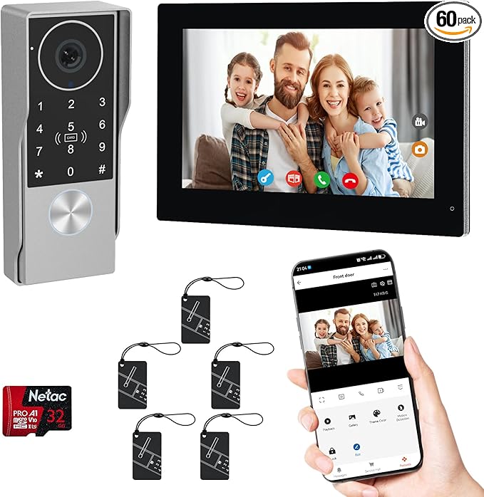 2-Wired Doorbell Camera with Monitor, Video Doorbell Intercom System with keypad,keypad video intercom with 1080P 7-inch Touch Screen, Tuya App Remote, Password Unlock, Waterproof, No Subscription