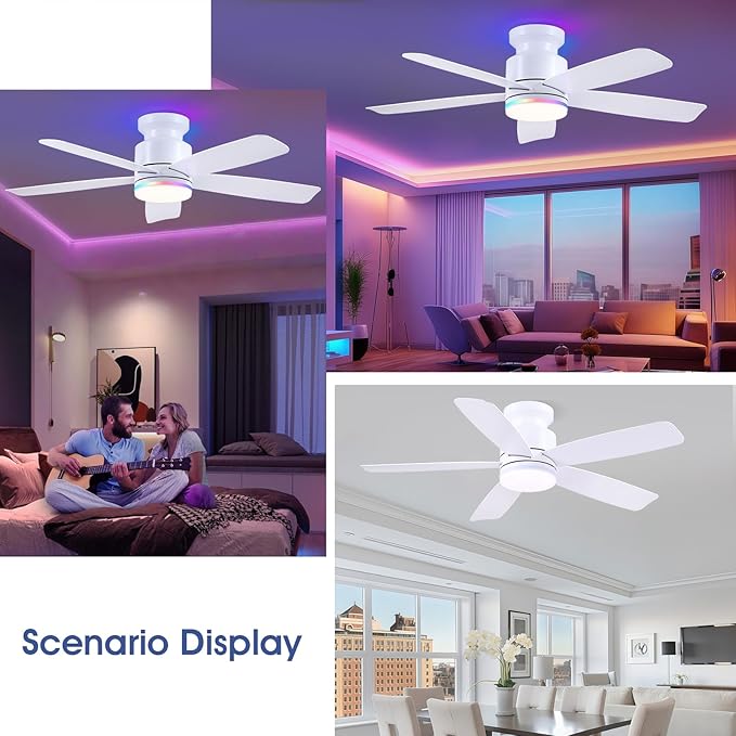 46 Inch White Flush Mount Ceiling Fans with Lights, 5 Blades Reversible, 6-Speed 2H Timer, RGB & 3 CCT Dimmable, Remote & APP Control for Bedroom Kidsroom