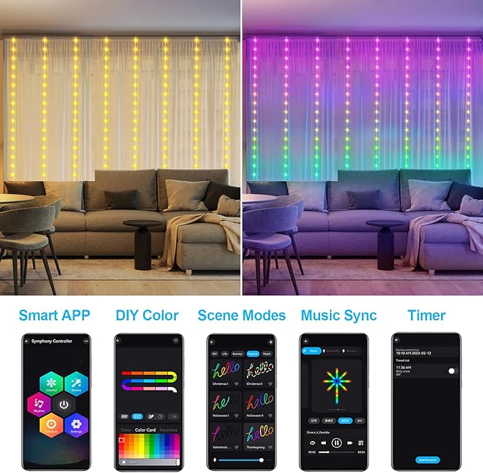 Smart Curtain Lights RGB 5050 Built in Chip, Color Changing Curtain Lights with Music Sync APP Remote Control, 8Ft x 6Ft 144LED USB Powered Fairy Lights for Party Patio Garden Decor