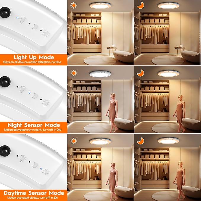 2 Pack Rechargeable Motion Sensor Ceiling Light, Wireless Ceiling Lights Battery Operated Closet Light with Remote, 500LM 3000K/4500K/6500K, 0.55″ Ultra Thin Lights for Bathroom Hallway Pantry
