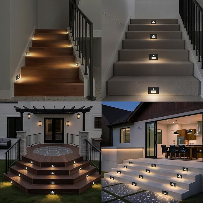 8 Pack Motion Sensor Stair Lights Indoor Outdoor,Dimmable Motion Activated Step Lamp 3000K/4000K/6000K,Hardwired 120V 4W IP65 Waterproof Outside Stairway Light,Led Staircase Lights- Black