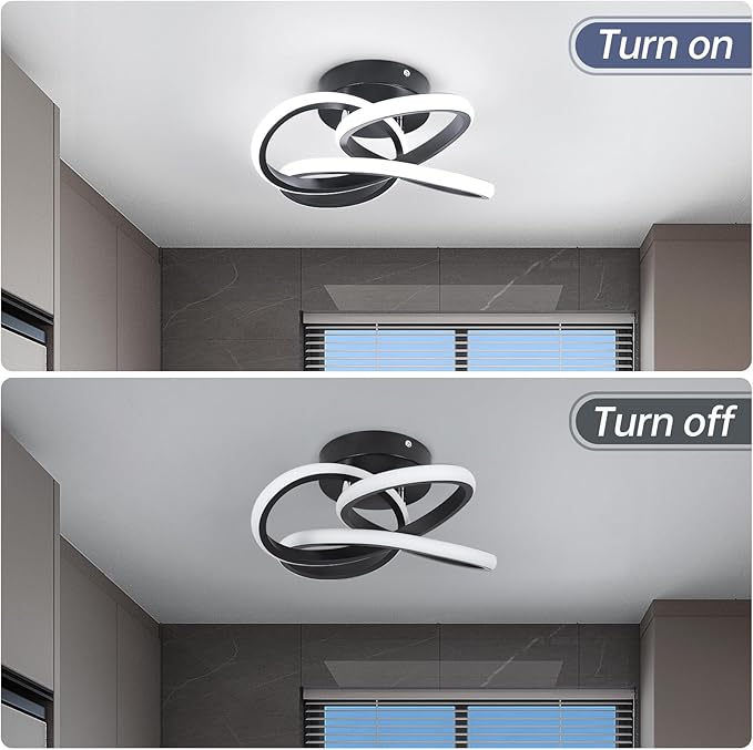 CANEOE Modern Led Ceiling Light Fixture, 6000K Small Hallway Ceiling Light, Black Close to Ceiling Lights for Hallway Bedroom Bathroom Entryway Balcony Stair Curved Design Ceiling Lamp