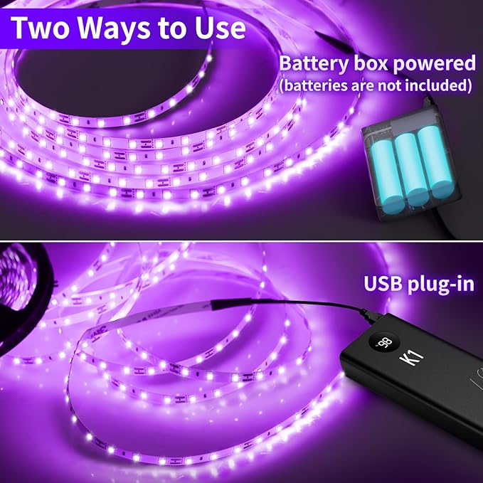 16.4ft Black Lights Strip Battery Operated, USB Blacklight Strip for Glow Party, 385-400nm Black Lights for Bedroom Indoor Halloween Birthday Decor Uranium Glass Tapestry Poster