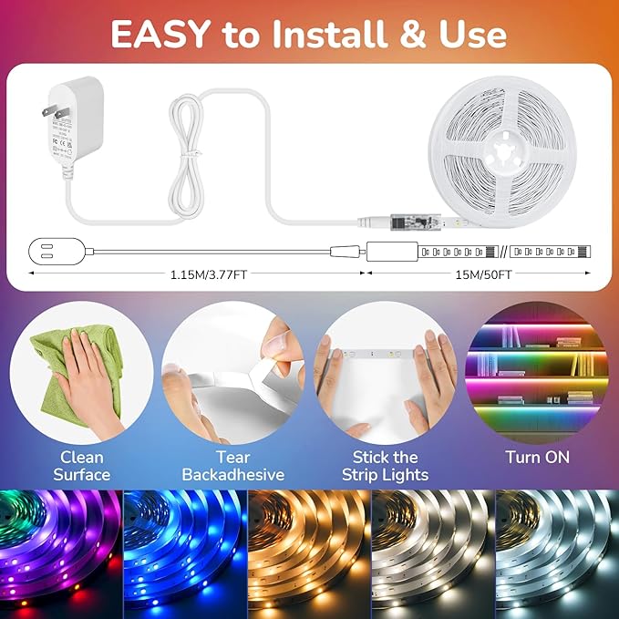 50Ft RGBWW+IC LED Strip Lights,Dimmable Multi-Colored+3000K-6500K LED Lights with Remote,Self-Adhesive Color Changing RGB Tape Lights,24V Cuttable DIY Light Strip for Home Bedroom Stair-50Ft