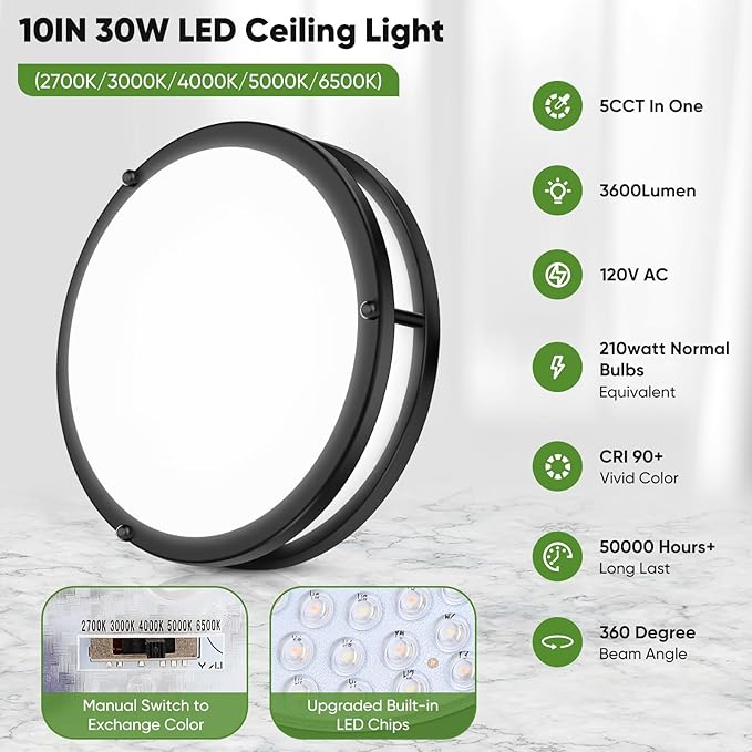 30W Flush Mount Ceiling Lights Black, 10inch LED Ceiling Light Fixtures 3600lm Super Bright, 2700K/3000K/4000K/5000K/6500K Adjustable Ceiling Lights, Dimmable Ceiling Lamps for Kitchen Bedroom, 2Pack