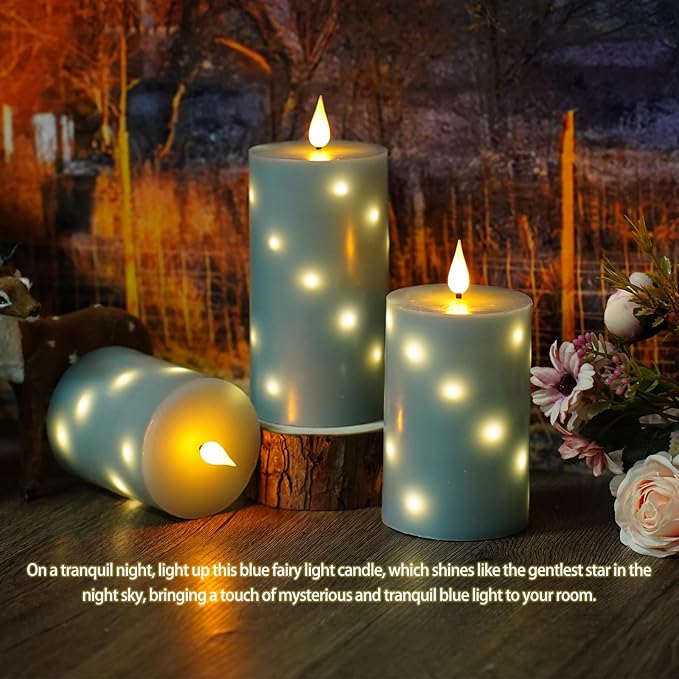 Flameless Candles with Embedded Star String, Real Wax Battery Operated Candles with Remote Timer, Flickering Pillar LED Candle Set for Home Decor Romantic Ambiance （Grey）