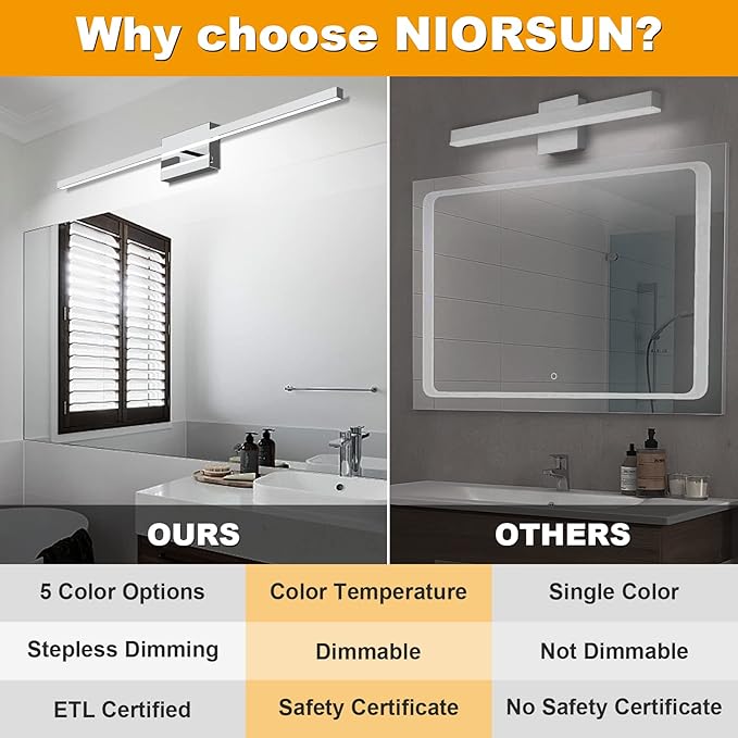 NIORSUN 48 inch Chrome Bathroom Vanity Light,30W 5CCT Dimmable LED Bathroom Lighting Fixtures Over Mirror, Modern Vanity Lights for Bathrooms Restroom Mirror- ETL Certified