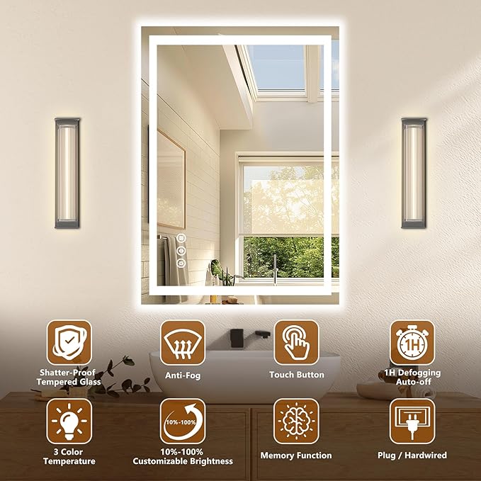 24x30 LED Bathroom Mirror with Lights - Dimmable, Anti-Fog, 3 Color Backlit & Front Lit Mirror for Bathroom, Shatter-Proof Tempered Glass, Easy Installation