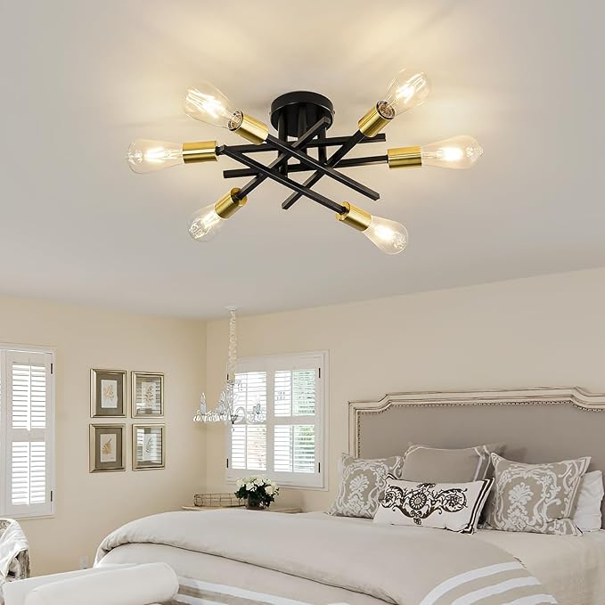 ASGYISA 6-Lights Sputnik Semi Flush Mount Ceiling Light Fixture Modern Metal Black and Gold Chandeliers with E26 Bulb Base Close to Ceiling Light for Kitchen Dining Room Living Room Hallway Bedroom