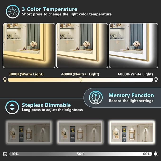 96x36 Gold LED Bathroom Mirror with Lights, Brushed Gold Framed Backlit and Front Lit Anti-Fog Lighted Vanity Mirrors for Bathroom Wall, Dimmable, 3 Colors, Memory, HD Tempered Glass, CRI＞90