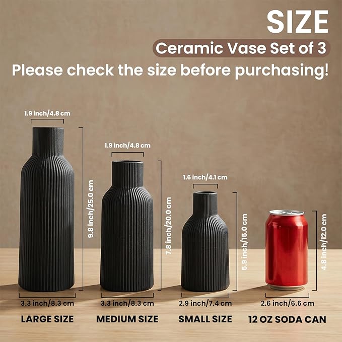 Glossy Black Ceramic Vases Set of 3 - Modern Ribbed Vases for Fresh Flowers & Pampas Grass - Minimalist Decorative Centerpieces for Coffee Table, Mantle, Entryway & Office