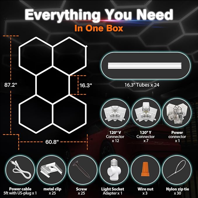 Hexagon Garage Lights : 3 Level Dimmable 168W Tube 5 Grids Hexagon LED Lights - Easy Install 6500K Super Bright Hex Lights for Garage, Home Gym, Shop, Workshop, Basement, Studio