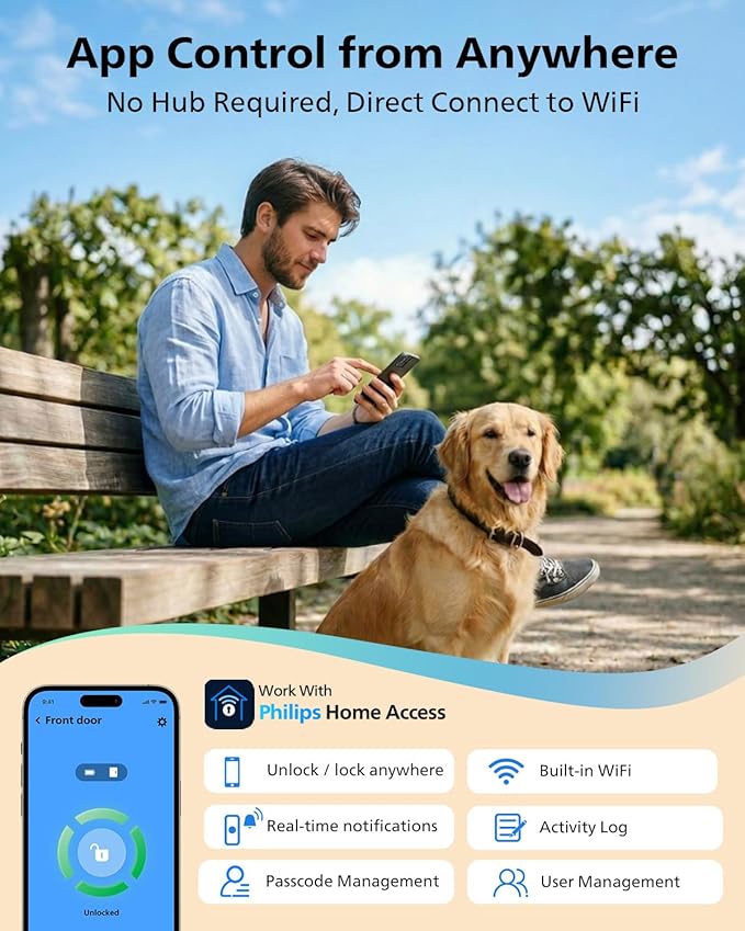 Philips Smart Lock, Smart Door Lock Built-in WiFi, App Remote Control, Keyless Entry Door Lock for Front Door, Deadbolt Lock Auto Lock, Support Alexa & Google, IP54 Waterproof, Black