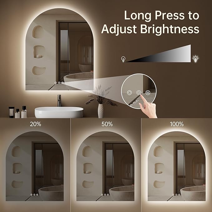 Arched Backlit Mirror Bathroom 30"x36"- Frameless LED Bathroom Mirror with Lights, Fogless, Dimmable, 3 Color Changing, Shatterproof, Touch Sensor