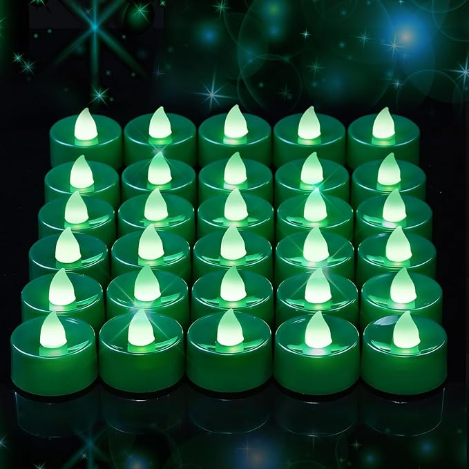 Amagic 30 Pcs Green Flickering Flameless Tea Lights Battery Operated, 200+ Hours Long Lasting Colored Candles for Party, St. Patrick, Table Centerpiece, Home Decor, Mardi Gras, Halloween, Christmas