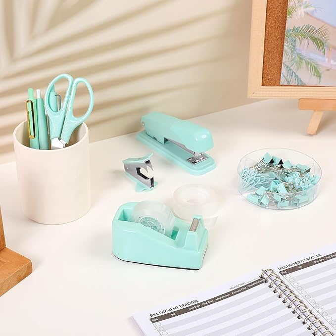 SKYDUE Teal Office Supplies Set - Desk Accessories, Stapler, Tape Dispenser, Scissors, Clips and 1000pcs Staples for Teachers