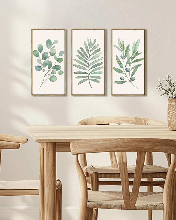 KUVIOKE Botanical Plant Wall Art Sage Eucalyptus Light Green Leaf Framed Wall Decor for Bedroom Living Room Bathroom Home Office Ready to Hang 8x10in3pcs Natural Framed