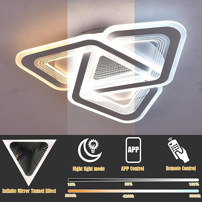 20-inch Triangle Ceiling Light Fixture Dimmable LED Bedroom Light with Remote & App Control, Unique Modern Flush Mount Lights Easy to Install, 80W Super Bright for Low Ceiling in Living Room