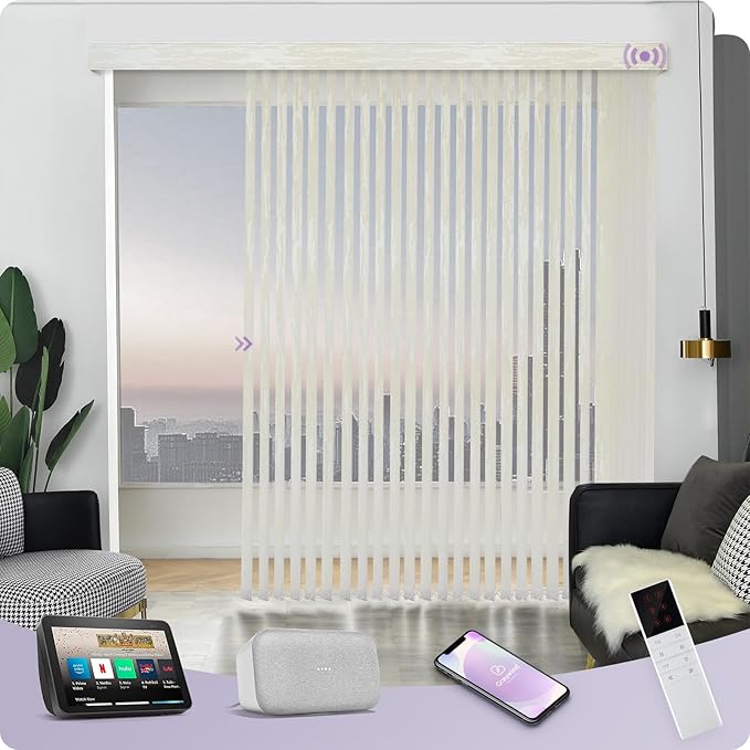 Graywind Motorized Vertical Blinds Compatible with Alexa Google Privacy Reversible Blackout Smart Vertical Blind Remote Control Track Slats Set for Home Office(Dimout Streamline Beige)