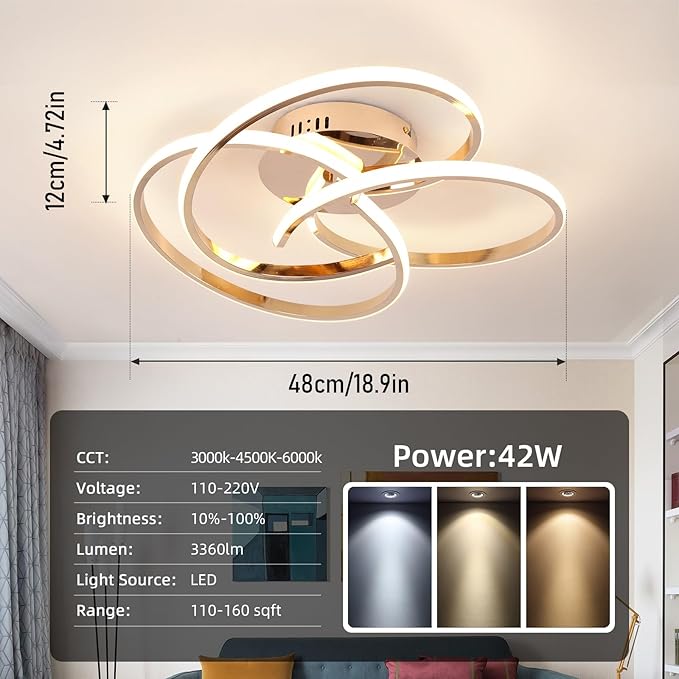 CANEOE Modern LED Ceiling Light Fixture, 42W Gold Dimmable Flush Mount Ceiling Light with Remote Control, Curve Design Close to Ceiling Lamp for Bedroom Living Dining Room Kitchen