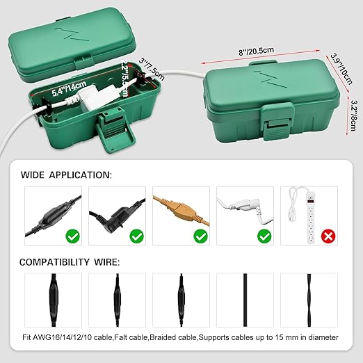 Hrensaw Small Weatherproof Electrical Connection Box(Inner 5.5 x 3 x 2.2inch),Outdoor Electrical Box,Waterproof Extension Cord Covers for Plug, Extension Cables, Holiday Lights,Green