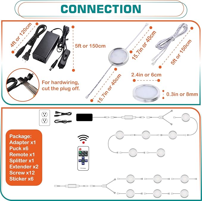 Under Cabinet Puck Lighting Kit, Atmosphere Ambiance Lighting, Dimmable Wireless RF LED Remote Control, Daisy Chain Linable, AC120V to DC12V, Hardwired or Wall Plug, 6 Lights, Daylight