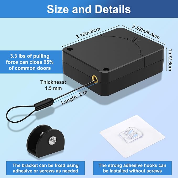 Retractable Automatic Door Closer, Anglecai Upgraded Drawstring Auto Door Closer 3.3LB Spring Tension Steel Cable Door Closer for Screen, Sliding, and Double Doors