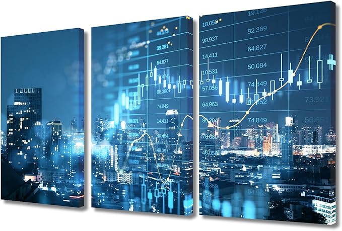 Rebotipy Smart City 3 Panels Wall Art Modern Abstract Poster Decor Big Data Forex Candlestick Chart Picture Printing for City Backdrop Living Room Decor Stretched and Framed Ready to Hang 24" Wx36 H