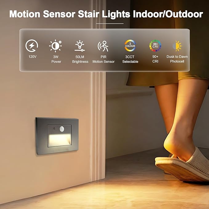 8-Pack Horizontal LED Step Lights, Motion Sensor & Dusk to Dawn, IP65 Waterproof, 3000K-5000K Adjustable, Anti-Glare Louvered, 3W 120V Stair Lights Indoor Outdoor, Bronze, ETL Certified