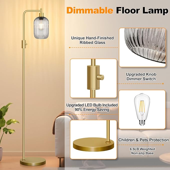 【Upgraded】 Dimmable Glass Floor Lamp for Living Room, Modern Gold Standing Lamp with Gray Ribbed Glass Lampshade & Knob Dimmer, Arc Tall Lamp for Bedroom Office Reading Room, 2700K Led Bulb Included