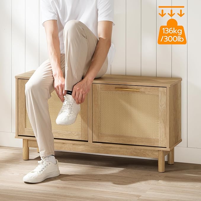 HOOBRO Rattan Shoe Storage Bench with Double Flip Drawers, Narrow Shoe Storage Organizer for Entryway, 11.8"D x 39.4"W x 20.9"H Hidden Space Saving Wooden Shoe Cabinet for Hallway, Natural NL51HX01