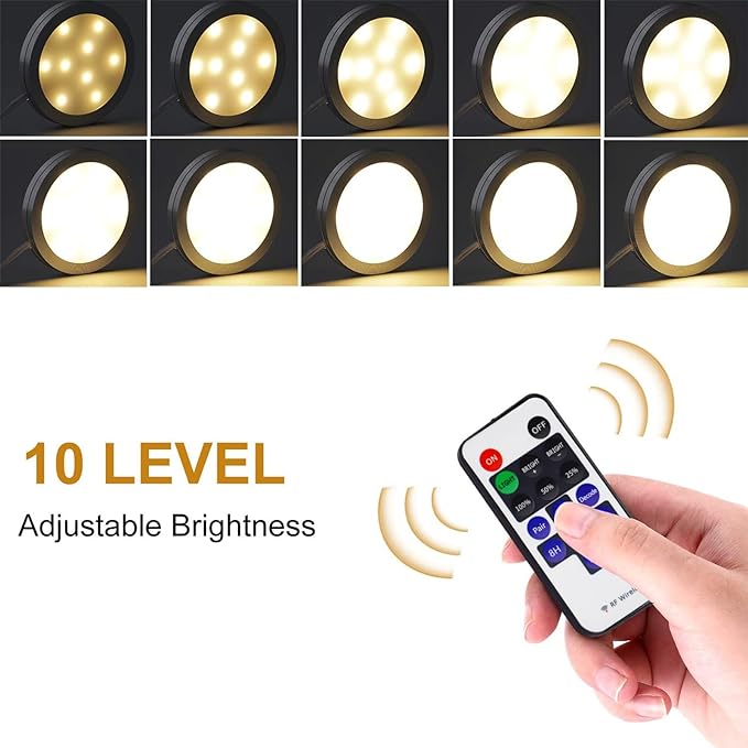 AIBOO Linkable Under Cabinet LED Lighting 12V Slim Aluminum Dimmable Puck Lights with RF Remote Control & UL Listed Plug for Display Bookshelf Lighting(8 Lights, Warm White)