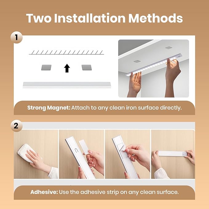 16 Inch Under Cabinet Lighting, 2 Pack 80 LED Motion Sensor Lights, 160LM USB-C Rechargeable, 2200mAh Battery, 10–100% Dimmable, 3 Color Modes, Stick-On Magnetic LED Closet Lights for Kitchen