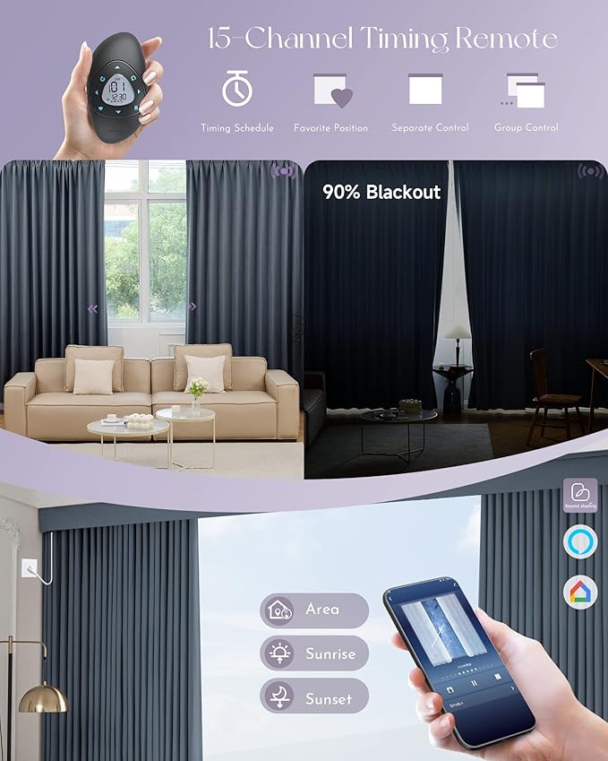 Graywind Hardwired Smart Curtains Compatible with Alexa Google Remote Control Motorized Drape for Sliding Door One-Way or Split Draw, Custom Width to 220" (Galaxy Series)