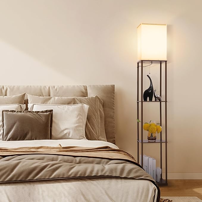 Floor Lamp with Shelves, Modern Square Standing Lamp with 3 Color Temperature Bulb, Corner Display Bookshelf Lamp for Living Room, Bedroom and Office (Brown-9)
