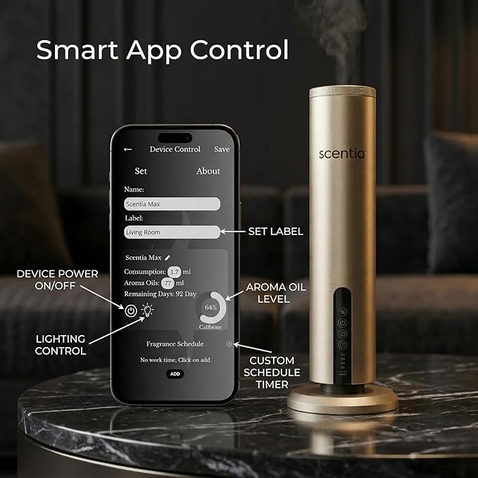 Scentia Wireless Waterless Hotel Scent Diffuser | Includes Premium USA-Made Oil Blend | App Controlled, Cordless | Home, Office, Spa, Aromatherapy | Covers 1500 Sq Ft | 72 Hrs in 1 Charging | Gold