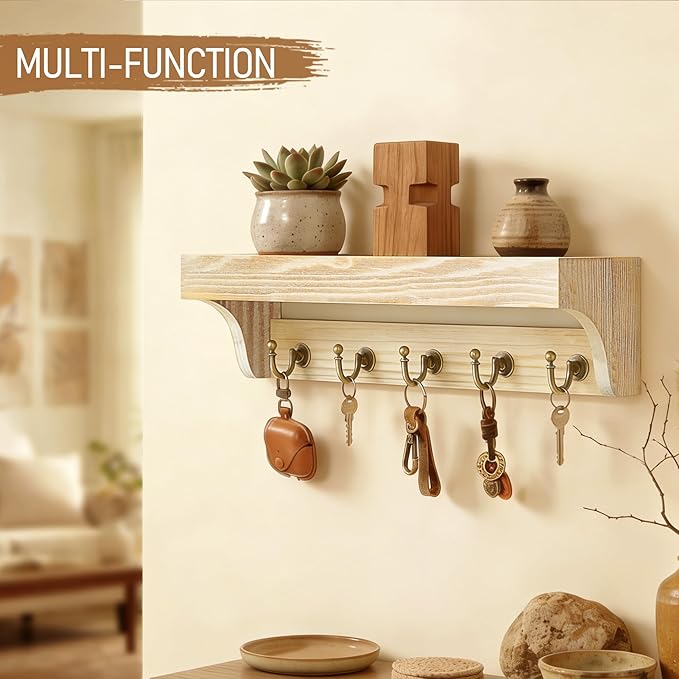 Rebee Vision Farmhouse Pine Wood Key Holder Wall Mount for Room Decor - Rustic Key Holder for Wall with Shelf for Small Plant and Cute Things - Ideal Entryway Organizer in House (Natural Wood)