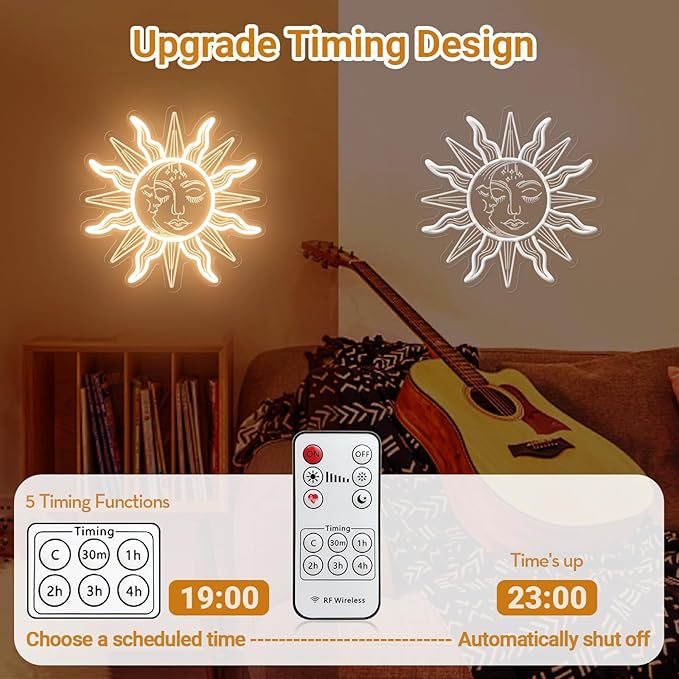 Vintage Burning Sun and Moon Neon Sign - Remote Dimmer 3D Boho Aesthetic Room Decor Celestial Mystic Sun Moon USB Power LED Sign Light w/Closed Eyes Psychedelic for Bedroom Gift - 12"