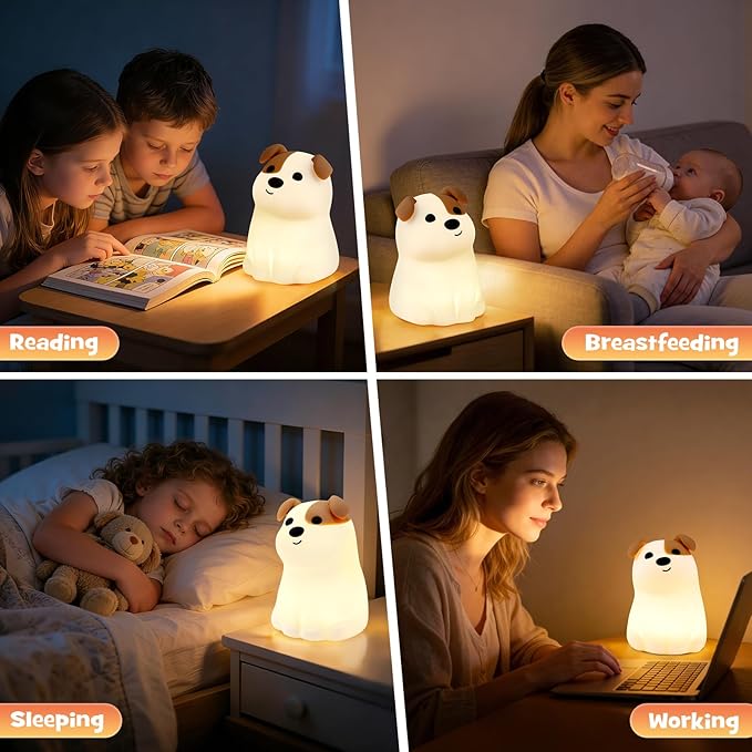 Dog Night Light Squishy Silicone Nursery Breastfeeding Nightlight with Timer 3-Level Warm White RGB Color Modes Cute Puppy Lamp Rechargeable Touch Bedside Desk Animal Lamp for Bedroom Dorm Decor