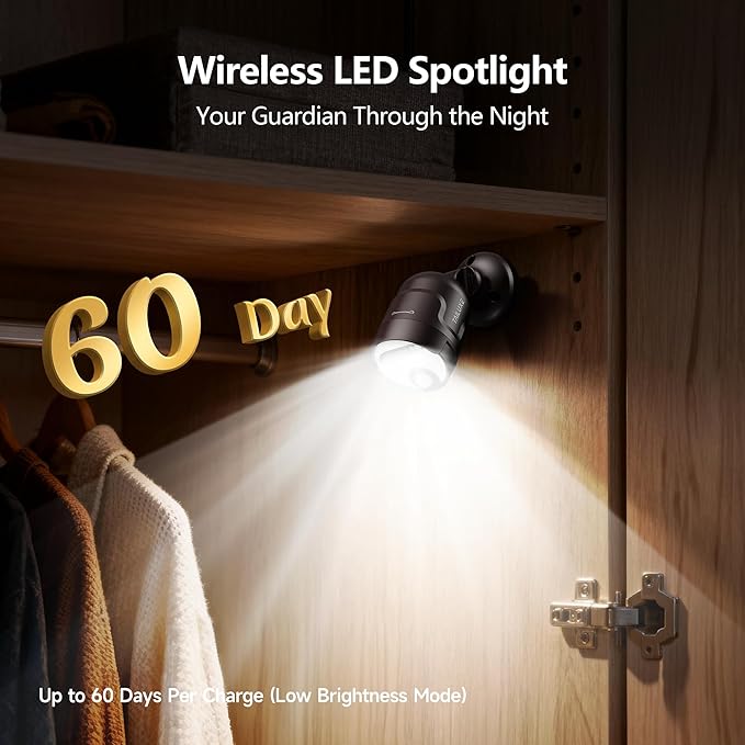 Wireless LED Spotlight, Battery Operated Motion Sensor Outdoor Light - 4000mAh Rechargeable 2-Mode IPX5 Waterproof 600LM Light for Porch, Garage, Hallway, Wardrobe (Brown)