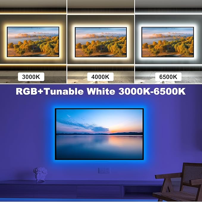 Bluetooth RGBWW LED Lights for 80-85 Inch TV with App Control, RGB+Tunable White 3000K-6500K TV LED Backlight with RF Remote, Music Sync Indoor for TV, Gaming