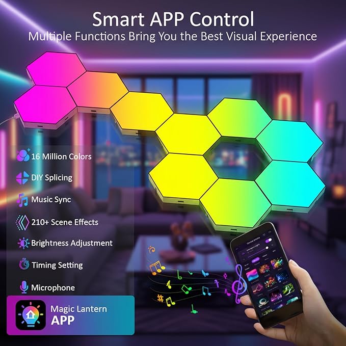 12 Pack Hexagon LED Wall Light Panels – RGB Smart Lights with APP & Remote, Music Sync Honeycomb Design – Modular Gaming Wall Decor for Bedroom, Kids Room, and Living Room