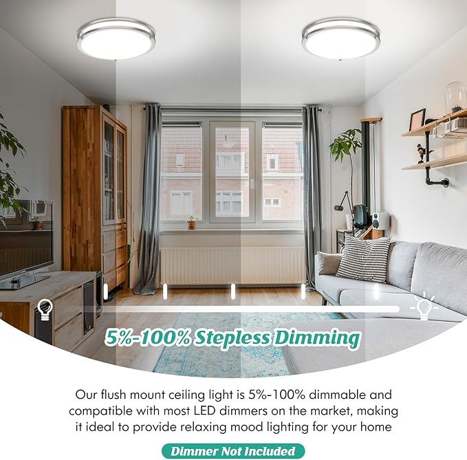 LED Ceiling Light Fixture, 36W 4400Lm Flush Mount Ceiling Lights, Dimmable 5CCT 2700K/3000K/4000K/5000K/6500K, 13 Inch Super Bright Modern Bedroom Lamps for Kitchen Hallway, Brushed Nickle, 1 Pack