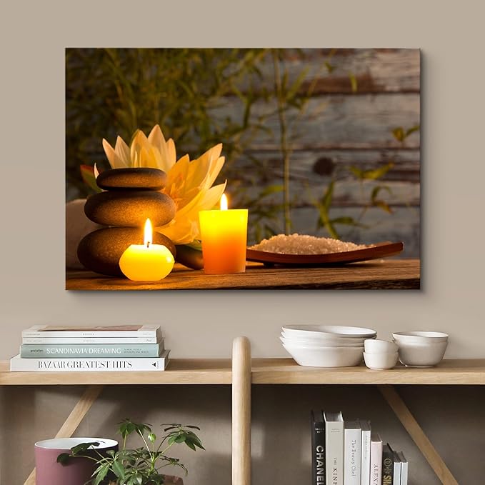 wall26 Canvas Print Wall Art Wood Panel Meditation Spax Candle Massage Stones Nature Wilderness Photography Realism Rustic Landscape Colorful Multicolor for Living Room, Bedroom, Bathroom - 24"x36"