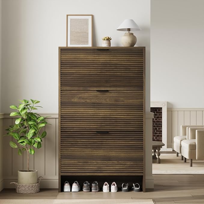Garvee Shoe Storage Cabinet for Entryway, Fluted Shoe Cabinet with 3 Flip Drawers Doors, 32" Wide Hidden Shoe Rack Tall Freestanding Shoe Organizer for Entrance, Hallway, Living Room, Walnut