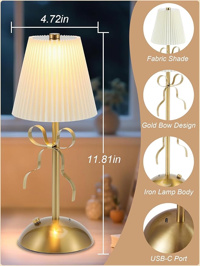 Cordless Table Lamp,Small Gold Bow Night Light,LED Rechargeable Reading Lights,3 Color Stepless Dimmable Touch Control Bedside Lamps,Bedroom Living Room Bar Desk Lamps Home Decor Ambient Lighting
